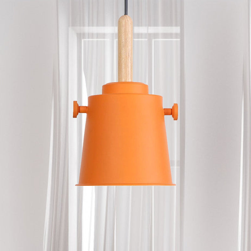 Modern Bucket Hanging Lamp with Adjustable Cord Single Light Metal Pendant Light in Wood Clearhalo 'Art Deco Pendants' 'Cast Iron' 'Ceiling Lights' 'Ceramic' 'Crystal' 'Industrial Pendants' 'Industrial' 'Metal' 'Middle Century Pendants' 'Pendant Lights' 'Pendants' 'Tiffany' Lighting' 770757