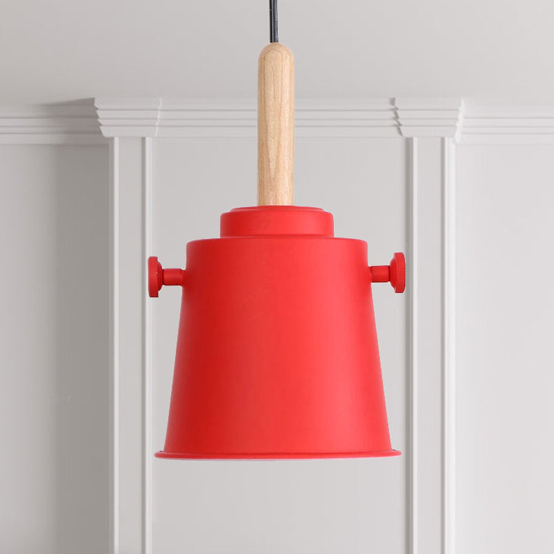 Modern Bucket Hanging Lamp with Adjustable Cord Single Light Metal Pendant Light in Wood Red Clearhalo 'Art Deco Pendants' 'Cast Iron' 'Ceiling Lights' 'Ceramic' 'Crystal' 'Industrial Pendants' 'Industrial' 'Metal' 'Middle Century Pendants' 'Pendant Lights' 'Pendants' 'Tiffany' Lighting' 770760