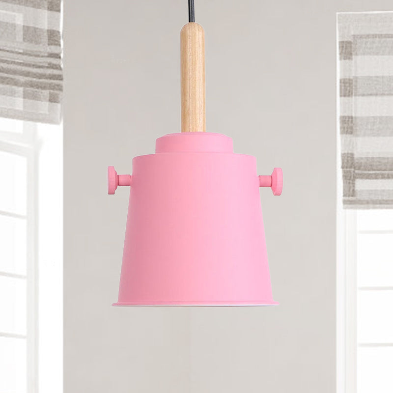 Modern Bucket Hanging Lamp with Adjustable Cord Single Light Metal Pendant Light in Wood Pink Clearhalo 'Art Deco Pendants' 'Cast Iron' 'Ceiling Lights' 'Ceramic' 'Crystal' 'Industrial Pendants' 'Industrial' 'Metal' 'Middle Century Pendants' 'Pendant Lights' 'Pendants' 'Tiffany' Lighting' 770764