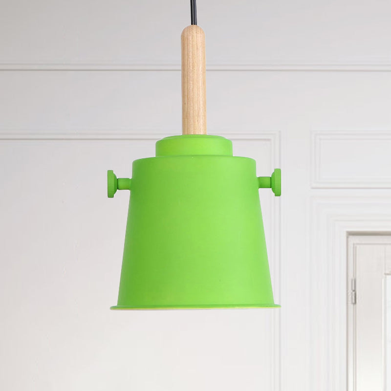Modern Bucket Hanging Lamp with Adjustable Cord Single Light Metal Pendant Light in Wood Green Clearhalo 'Art Deco Pendants' 'Cast Iron' 'Ceiling Lights' 'Ceramic' 'Crystal' 'Industrial Pendants' 'Industrial' 'Metal' 'Middle Century Pendants' 'Pendant Lights' 'Pendants' 'Tiffany' Lighting' 770768
