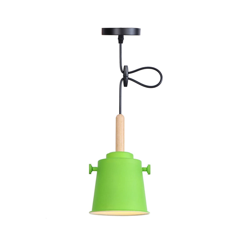 Modern Bucket Hanging Lamp with Adjustable Cord Single Light Metal Pendant Light in Wood Clearhalo 'Art Deco Pendants' 'Cast Iron' 'Ceiling Lights' 'Ceramic' 'Crystal' 'Industrial Pendants' 'Industrial' 'Metal' 'Middle Century Pendants' 'Pendant Lights' 'Pendants' 'Tiffany' Lighting' 770771