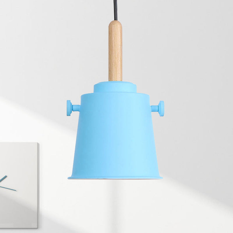 Modern Bucket Hanging Lamp with Adjustable Cord Single Light Metal Pendant Light in Wood Blue Clearhalo 'Art Deco Pendants' 'Cast Iron' 'Ceiling Lights' 'Ceramic' 'Crystal' 'Industrial Pendants' 'Industrial' 'Metal' 'Middle Century Pendants' 'Pendant Lights' 'Pendants' 'Tiffany' Lighting' 770772