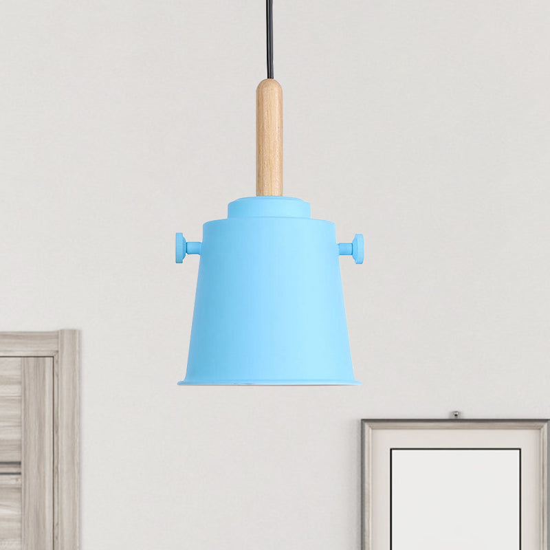 Modern Bucket Hanging Lamp with Adjustable Cord Single Light Metal Pendant Light in Wood Clearhalo 'Art Deco Pendants' 'Cast Iron' 'Ceiling Lights' 'Ceramic' 'Crystal' 'Industrial Pendants' 'Industrial' 'Metal' 'Middle Century Pendants' 'Pendant Lights' 'Pendants' 'Tiffany' Lighting' 770773
