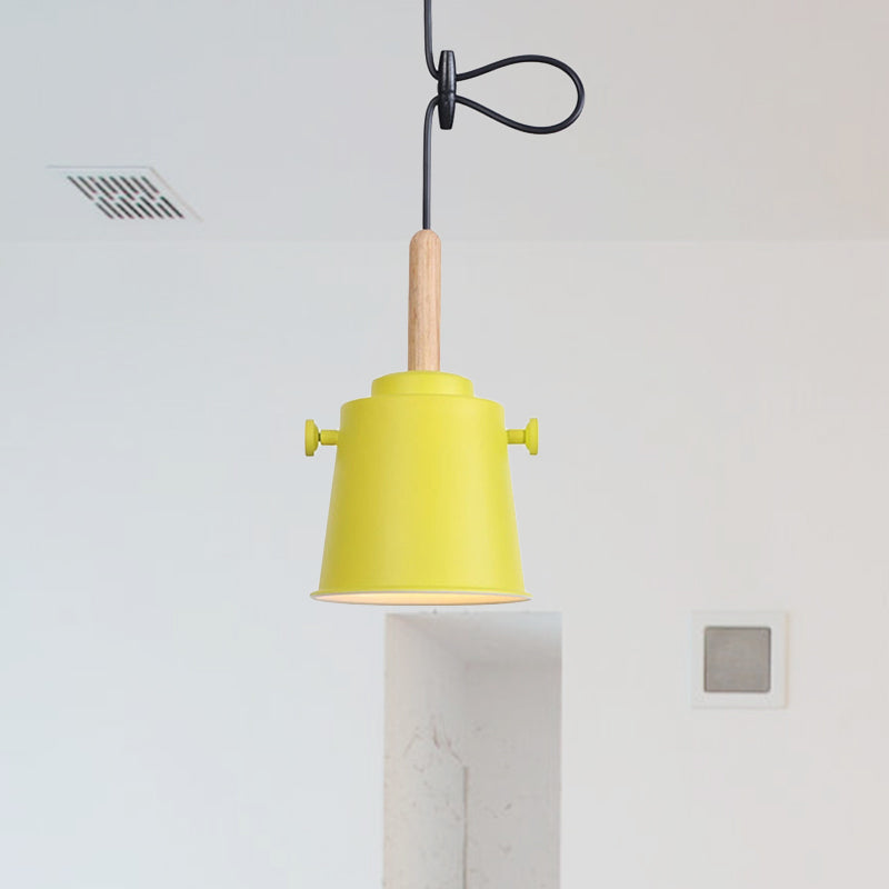 Modern Bucket Hanging Lamp with Adjustable Cord Single Light Metal Pendant Light in Wood Clearhalo 'Art Deco Pendants' 'Cast Iron' 'Ceiling Lights' 'Ceramic' 'Crystal' 'Industrial Pendants' 'Industrial' 'Metal' 'Middle Century Pendants' 'Pendant Lights' 'Pendants' 'Tiffany' Lighting' 770777