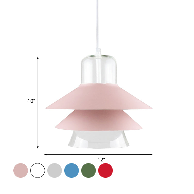Tiered Cone Shade Indoor Pendant Light Nordic Style Metal and Glass 1 Light Gray/White/Red Hanging Ceiling Fixture Clearhalo 'Ceiling Lights' 'Modern Pendants' 'Modern' 'Pendant Lights' 'Pendants' Lighting' 770784