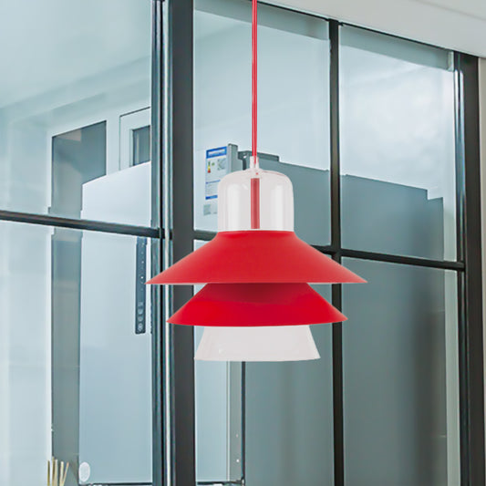 Tiered Cone Shade Indoor Pendant Light Nordic Style Metal and Glass 1 Light Gray/White/Red Hanging Ceiling Fixture Red Clearhalo 'Ceiling Lights' 'Modern Pendants' 'Modern' 'Pendant Lights' 'Pendants' Lighting' 770801