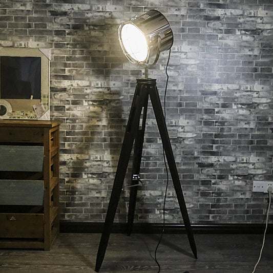 Industrial Loft Tripod Flood Spotlight 1 Light Metal and Wood Standing Floor Lamp in Black/White for Studio Black Clearhalo 'Floor Lamps' 'Lamps' Lighting' 770870