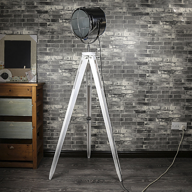 Industrial Loft Tripod Flood Spotlight 1 Light Metal and Wood Standing Floor Lamp in Black/White for Studio White Clearhalo 'Floor Lamps' 'Lamps' Lighting' 770875