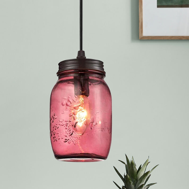 1-Light Pendant Lighting Modern Caged Mason Jar Blown Glass Hanging Ceiling Light in Red/Green/Amber Red Clearhalo 'Ceiling Lights' 'Glass shade' 'Glass' 'Industrial Pendants' 'Industrial' 'Island Lights' 'Middle Century Pendants' 'Pendant Lights' 'Pendants' 'Tiffany' Lighting' 770879