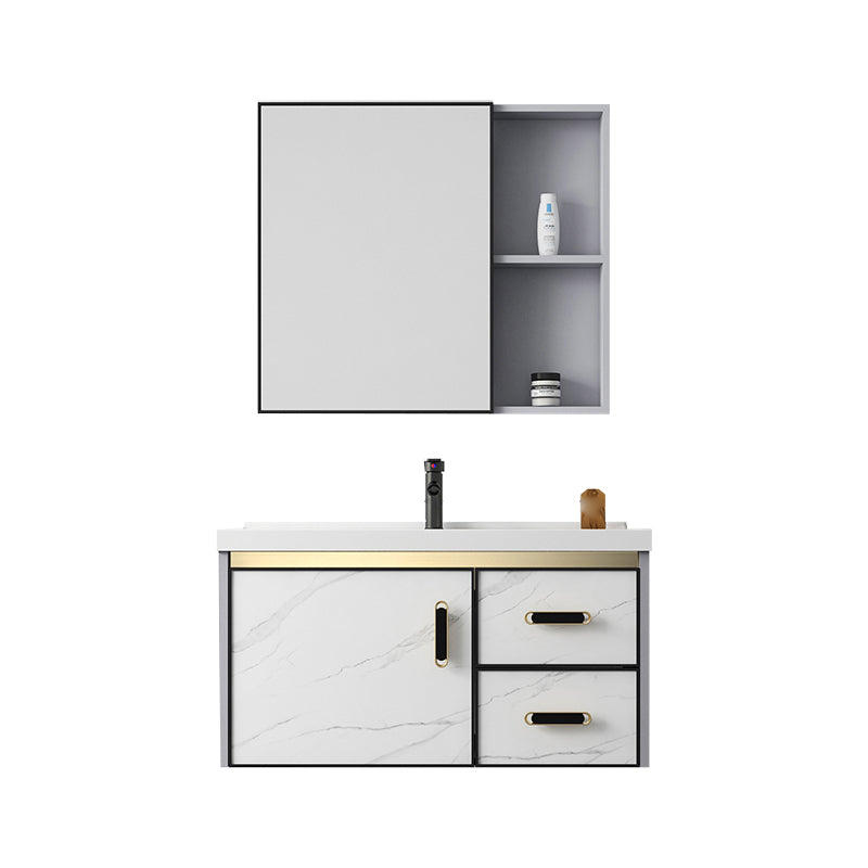 White Bath Vanity Single Sink Wall Mounted Faucet Drawers Metal Frame Vanity with Mirror Vanity & Faucet & Mirror Cabinet Clearhalo 'Bathroom Remodel & Bathroom Fixtures' 'Bathroom Vanities' 'bathroom_vanities' 'Home Improvement' 'home_improvement' 'home_improvement_bathroom_vanities' 7712312