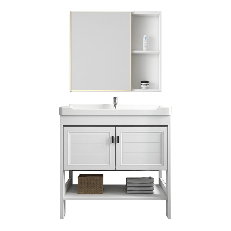 Freestanding Vanity Mirror 2 Doors Single Sink White Rectangular Shelving Included Vanity Vanity & Faucet & Mirror Cabinet Clearhalo 'Bathroom Remodel & Bathroom Fixtures' 'Bathroom Vanities' 'bathroom_vanities' 'Home Improvement' 'home_improvement' 'home_improvement_bathroom_vanities' 7712343