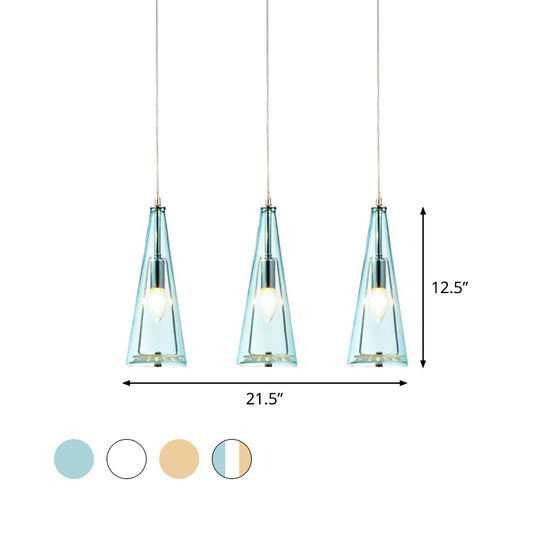 Modern Cone Pendant Lamp Blue/Amber/Clear Glass 3 Lights Hanging Ceiling Light in Chrome with Round/Linear Canopy Clearhalo 'Ceiling Lights' 'Glass shade' 'Glass' 'Modern Pendants' 'Modern' 'Pendant Lights' 'Pendants' Lighting' 771262