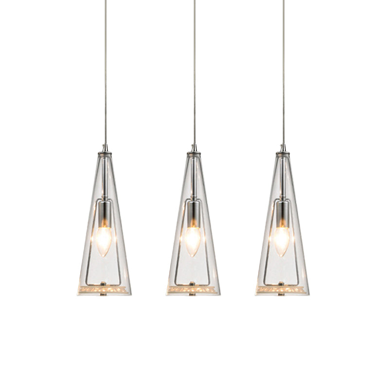 Modern Cone Pendant Lamp Blue/Amber/Clear Glass 3 Lights Hanging Ceiling Light in Chrome with Round/Linear Canopy Clearhalo 'Ceiling Lights' 'Glass shade' 'Glass' 'Modern Pendants' 'Modern' 'Pendant Lights' 'Pendants' Lighting' 771269