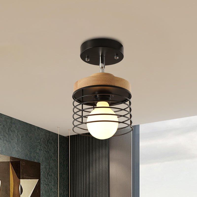 Iron Drum Cage Flush Ceiling Light Rotatable 1 Light Simple Stylish Ceiling Lamp for Balcony Black Clearhalo 'Ceiling Lights' 'Close To Ceiling Lights' 'Close to ceiling' 'Semi-flushmount' Lighting' 771576