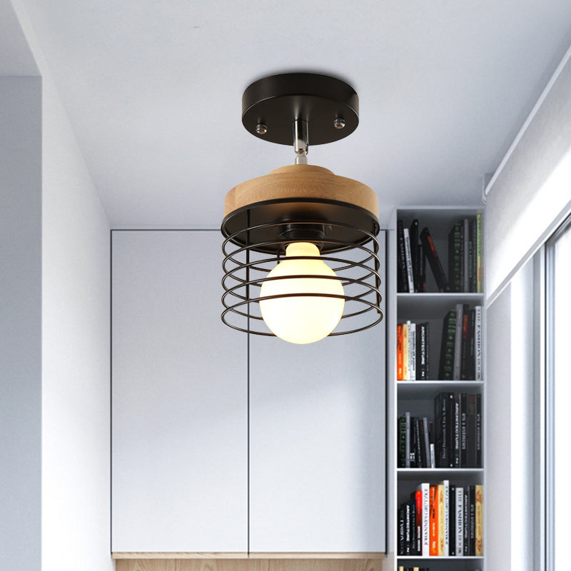 Iron Drum Cage Flush Ceiling Light Rotatable 1 Light Simple Stylish Ceiling Lamp for Balcony Clearhalo 'Ceiling Lights' 'Close To Ceiling Lights' 'Close to ceiling' 'Semi-flushmount' Lighting' 771577