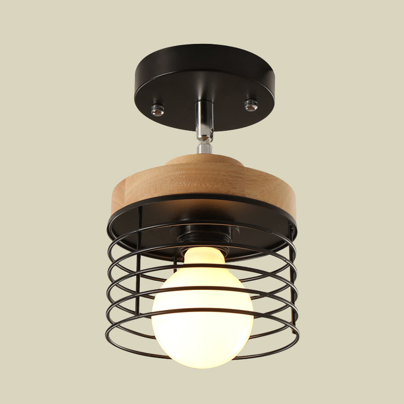 Iron Drum Cage Flush Ceiling Light Rotatable 1 Light Simple Stylish Ceiling Lamp for Balcony Clearhalo 'Ceiling Lights' 'Close To Ceiling Lights' 'Close to ceiling' 'Semi-flushmount' Lighting' 771579
