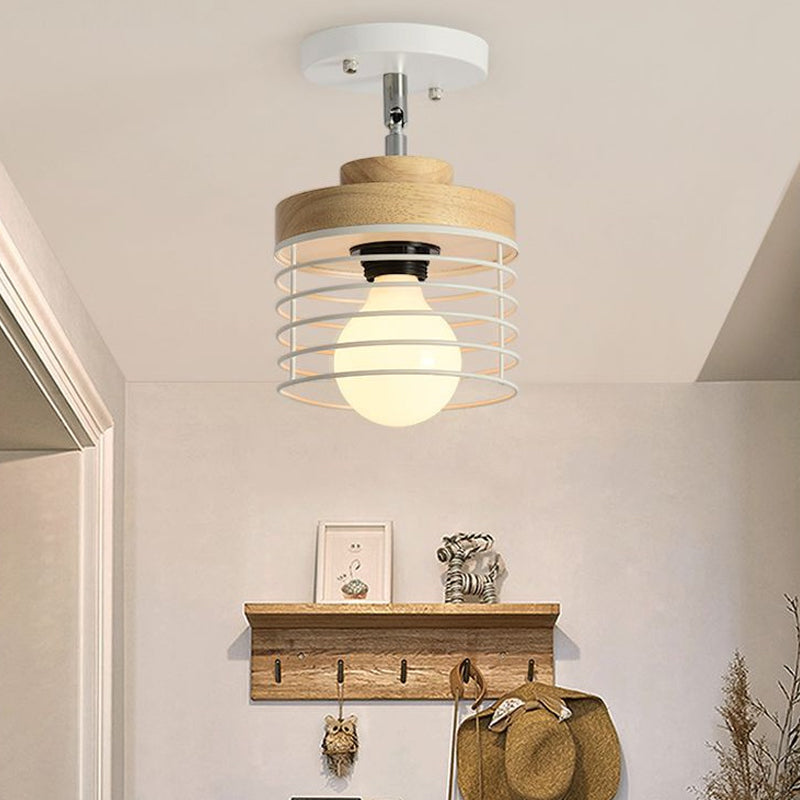 Iron Drum Cage Flush Ceiling Light Rotatable 1 Light Simple Stylish Ceiling Lamp for Balcony White Clearhalo 'Ceiling Lights' 'Close To Ceiling Lights' 'Close to ceiling' 'Semi-flushmount' Lighting' 771581