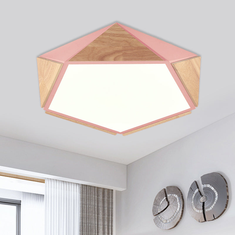 Flat Pentagon Ceiling Mount Light Macaron Stylish Wood LED Flush Light for Kids Bedroom Pink Clearhalo 'Ceiling Lights' 'Close To Ceiling Lights' 'Close to ceiling' 'Flush mount' Lighting' 772039