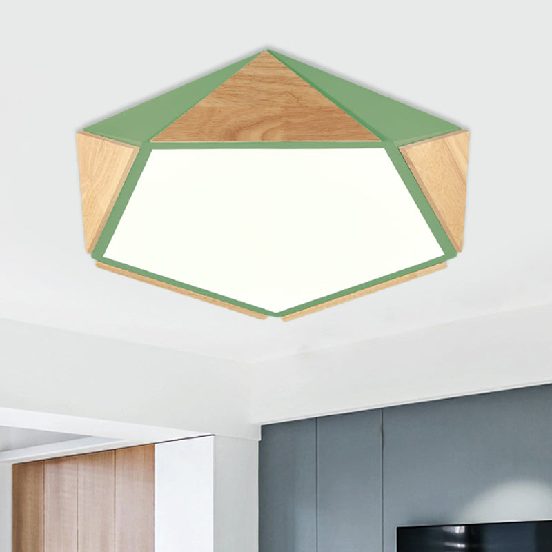 Flat Pentagon Ceiling Mount Light Macaron Stylish Wood LED Flush Light for Kids Bedroom Green Clearhalo 'Ceiling Lights' 'Close To Ceiling Lights' 'Close to ceiling' 'Flush mount' Lighting' 772043