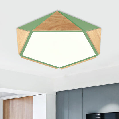 Flat Pentagon Ceiling Mount Light Macaron Stylish Wood LED Flush Light for Kids Bedroom Green Clearhalo 'Ceiling Lights' 'Close To Ceiling Lights' 'Close to ceiling' 'Flush mount' Lighting' 772043