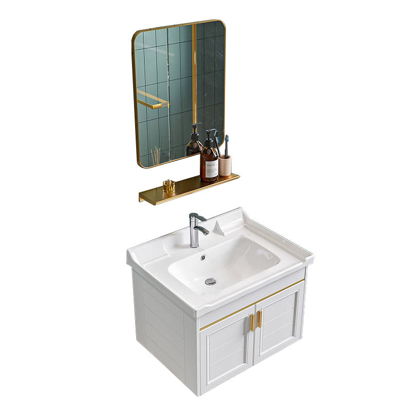 Single White Modern Bath Vanity Metal Base Wall Mount Sink Vanity Vanity & Faucet & Mirrors 24"L x 16"W x 16"H Square Mirror Clearhalo 'Bathroom Remodel & Bathroom Fixtures' 'Bathroom Vanities' 'bathroom_vanities' 'Home Improvement' 'home_improvement' 'home_improvement_bathroom_vanities' 7725115