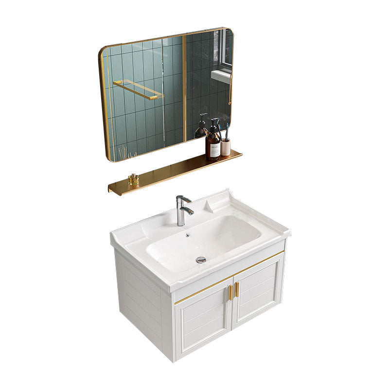 Single White Modern Bath Vanity Metal Base Wall Mount Sink Vanity Vanity & Faucet & Mirrors Square Mirror Clearhalo 'Bathroom Remodel & Bathroom Fixtures' 'Bathroom Vanities' 'bathroom_vanities' 'Home Improvement' 'home_improvement' 'home_improvement_bathroom_vanities' 7725117