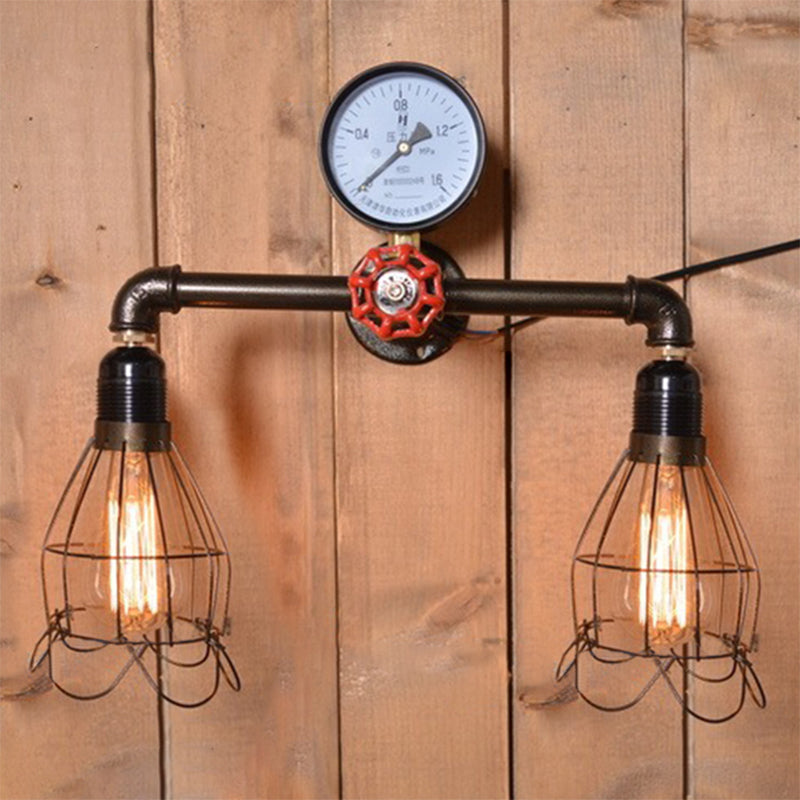 2 Bulbs Wire Frame Wall Mount Light with Pressure Gauge Deco Antique Style Black Metal Wall Lighting Clearhalo 'Art deco wall lights' 'Cast Iron' 'Glass' 'Industrial wall lights' 'Industrial' 'Middle century wall lights' 'Modern' 'Rustic wall lights' 'Tiffany' 'Traditional wall lights' 'Wall Lamps & Sconces' 'Wall Lights' Lighting' 773139