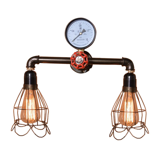 2 Bulbs Wire Frame Wall Mount Light with Pressure Gauge Deco Antique Style Black Metal Wall Lighting Clearhalo 'Art deco wall lights' 'Cast Iron' 'Glass' 'Industrial wall lights' 'Industrial' 'Middle century wall lights' 'Modern' 'Rustic wall lights' 'Tiffany' 'Traditional wall lights' 'Wall Lamps & Sconces' 'Wall Lights' Lighting' 773140