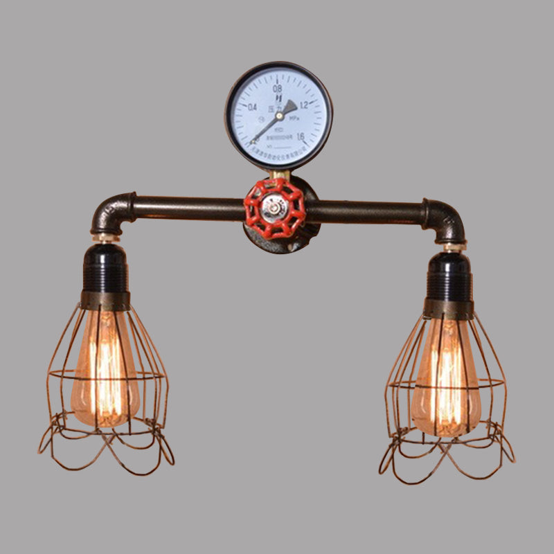 2 Bulbs Wire Frame Wall Mount Light with Pressure Gauge Deco Antique Style Black Metal Wall Lighting Clearhalo 'Art deco wall lights' 'Cast Iron' 'Glass' 'Industrial wall lights' 'Industrial' 'Middle century wall lights' 'Modern' 'Rustic wall lights' 'Tiffany' 'Traditional wall lights' 'Wall Lamps & Sconces' 'Wall Lights' Lighting' 773141