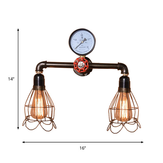 2 Bulbs Wire Frame Wall Mount Light with Pressure Gauge Deco Antique Style Black Metal Wall Lighting Clearhalo 'Art deco wall lights' 'Cast Iron' 'Glass' 'Industrial wall lights' 'Industrial' 'Middle century wall lights' 'Modern' 'Rustic wall lights' 'Tiffany' 'Traditional wall lights' 'Wall Lamps & Sconces' 'Wall Lights' Lighting' 773142