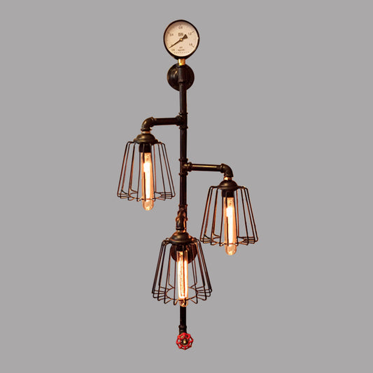 3 Lights Tapered Cage Wall Lamp with Pipe and Gauge Industrial Style Black Metal Wall Light Sconce for Restaurant Clearhalo 'Art deco wall lights' 'Cast Iron' 'Glass' 'Industrial wall lights' 'Industrial' 'Middle century wall lights' 'Modern' 'Rustic wall lights' 'Tiffany' 'Traditional wall lights' 'Wall Lamps & Sconces' 'Wall Lights' Lighting' 773146