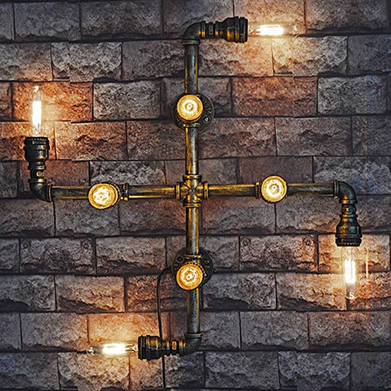 Industrial Twisted Pipe Wall Lamp with Open Bulb 8-Light Metallic Sconce Lighting in Antique Brass Antique Brass Clearhalo 'Art deco wall lights' 'Cast Iron' 'Glass' 'Industrial wall lights' 'Industrial' 'Middle century wall lights' 'Modern' 'Rustic wall lights' 'Tiffany' 'Traditional wall lights' 'Wall Lamps & Sconces' 'Wall Lights' Lighting' 773148