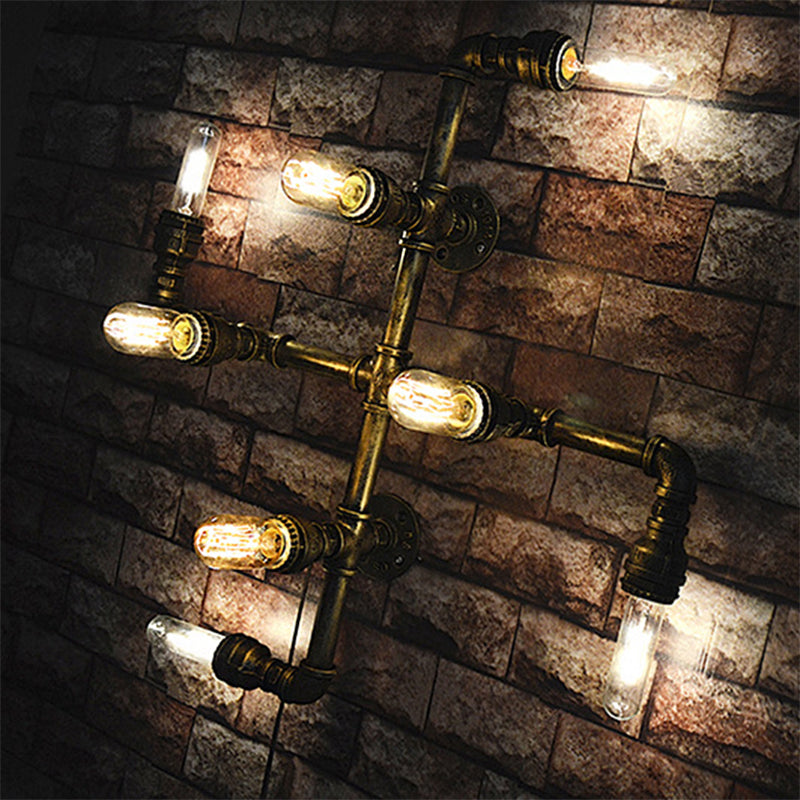 Industrial Twisted Pipe Wall Lamp with Open Bulb 8-Light Metallic Sconce Lighting in Antique Brass Clearhalo 'Art deco wall lights' 'Cast Iron' 'Glass' 'Industrial wall lights' 'Industrial' 'Middle century wall lights' 'Modern' 'Rustic wall lights' 'Tiffany' 'Traditional wall lights' 'Wall Lamps & Sconces' 'Wall Lights' Lighting' 773149