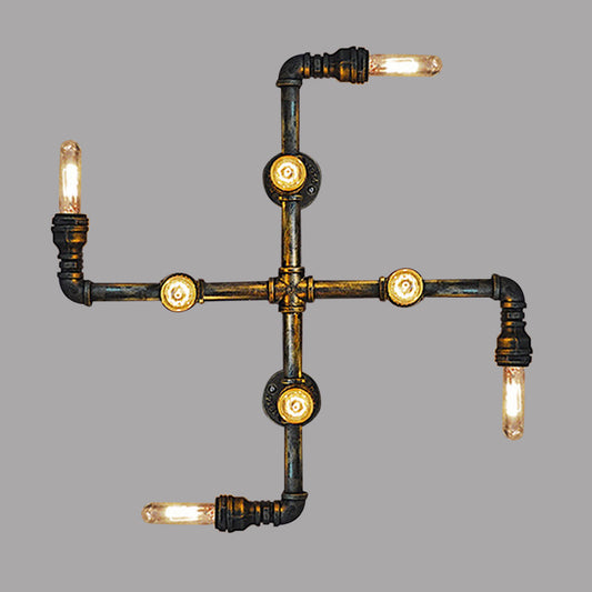 Industrial Twisted Pipe Wall Lamp with Open Bulb 8-Light Metallic Sconce Lighting in Antique Brass Clearhalo 'Art deco wall lights' 'Cast Iron' 'Glass' 'Industrial wall lights' 'Industrial' 'Middle century wall lights' 'Modern' 'Rustic wall lights' 'Tiffany' 'Traditional wall lights' 'Wall Lamps & Sconces' 'Wall Lights' Lighting' 773151