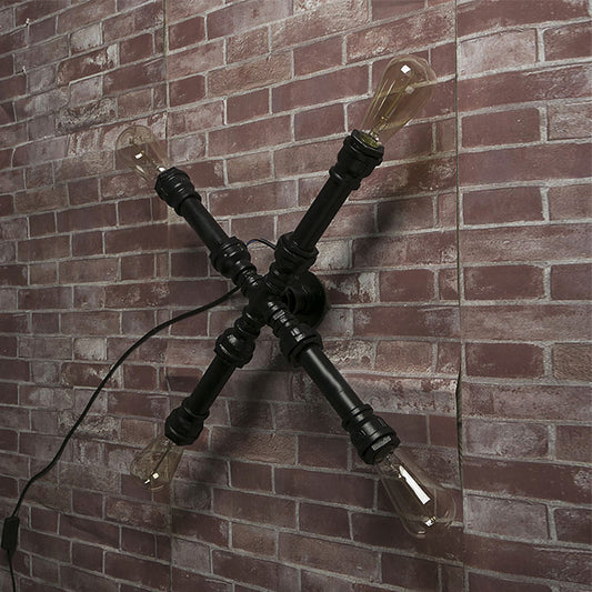 4 Bulbs X Shaped Wall Lighting with Water Pipe Industrial Black Finish Wrought Iron Sconce Lamp Clearhalo 'Art deco wall lights' 'Cast Iron' 'Glass' 'Industrial wall lights' 'Industrial' 'Middle century wall lights' 'Modern' 'Rustic wall lights' 'Tiffany' 'Traditional wall lights' 'Wall Lamps & Sconces' 'Wall Lights' Lighting' 773283