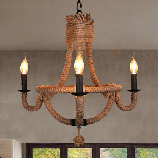 3 Lights Candle Chandelier Light Country Style Black Metal Ceiling Pendant Light with Rope Detail Black Clearhalo 'Ceiling Lights' 'Chandeliers' 'Industrial Chandeliers' 'Industrial' 'Middle Century Chandeliers' 'Tiffany' Lighting' 773294