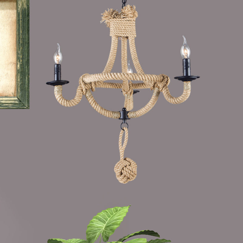 3 Lights Candle Chandelier Light Country Style Black Metal Ceiling Pendant Light with Rope Detail Clearhalo 'Ceiling Lights' 'Chandeliers' 'Industrial Chandeliers' 'Industrial' 'Middle Century Chandeliers' 'Tiffany' Lighting' 773295