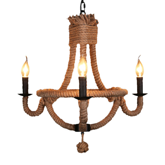 3 Lights Candle Chandelier Light Country Style Black Metal Ceiling Pendant Light with Rope Detail Clearhalo 'Ceiling Lights' 'Chandeliers' 'Industrial Chandeliers' 'Industrial' 'Middle Century Chandeliers' 'Tiffany' Lighting' 773296
