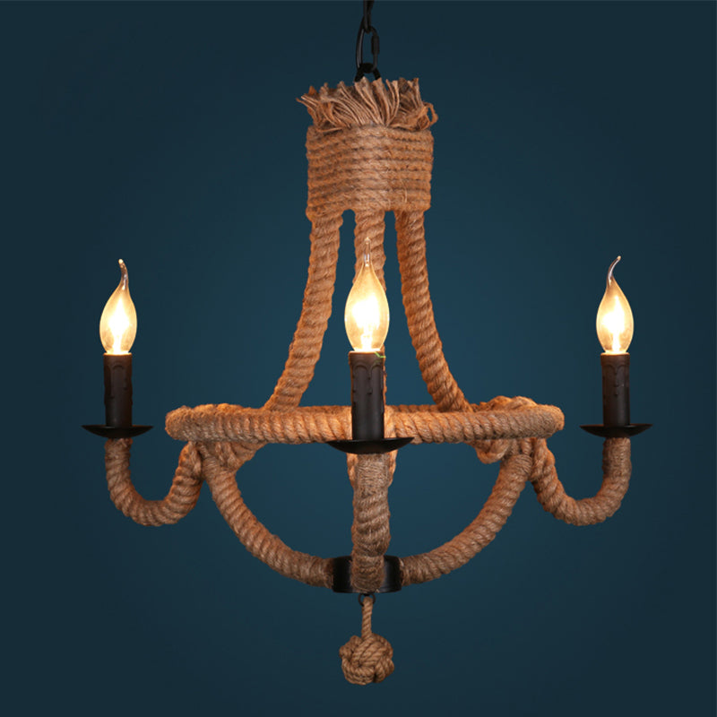 3 Lights Candle Chandelier Light Country Style Black Metal Ceiling Pendant Light with Rope Detail Clearhalo 'Ceiling Lights' 'Chandeliers' 'Industrial Chandeliers' 'Industrial' 'Middle Century Chandeliers' 'Tiffany' Lighting' 773297