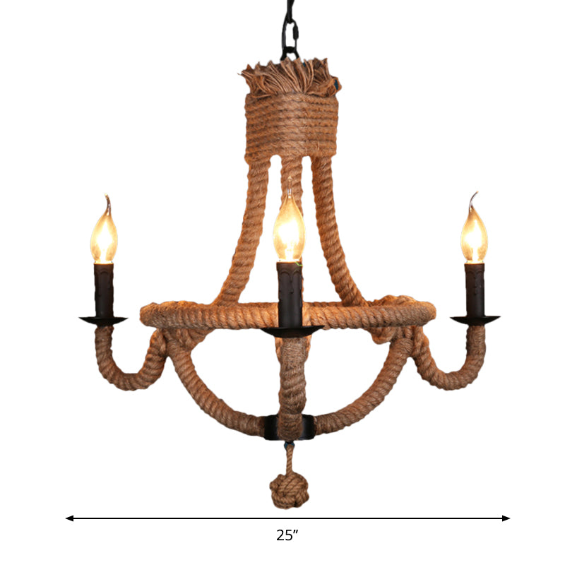 3 Lights Candle Chandelier Light Country Style Black Metal Ceiling Pendant Light with Rope Detail Clearhalo 'Ceiling Lights' 'Chandeliers' 'Industrial Chandeliers' 'Industrial' 'Middle Century Chandeliers' 'Tiffany' Lighting' 773298