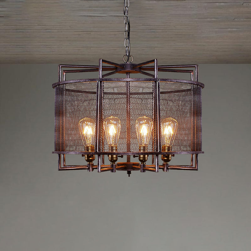 Metal Mesh Drum Chandelier Lighting Rustic Loft Multi Light Farmhouse Hanging Lamp in Rust Clearhalo 'Cast Iron' 'Ceiling Lights' 'Chandeliers' 'Industrial Chandeliers' 'Industrial' 'Metal' 'Middle Century Chandeliers' 'Rustic Chandeliers' 'Tiffany' Lighting' 773322