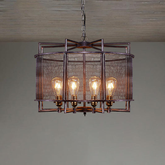 Metal Mesh Drum Chandelier Lighting Rustic Loft Multi Light Farmhouse Hanging Lamp in Rust Clearhalo 'Cast Iron' 'Ceiling Lights' 'Chandeliers' 'Industrial Chandeliers' 'Industrial' 'Metal' 'Middle Century Chandeliers' 'Rustic Chandeliers' 'Tiffany' Lighting' 773322