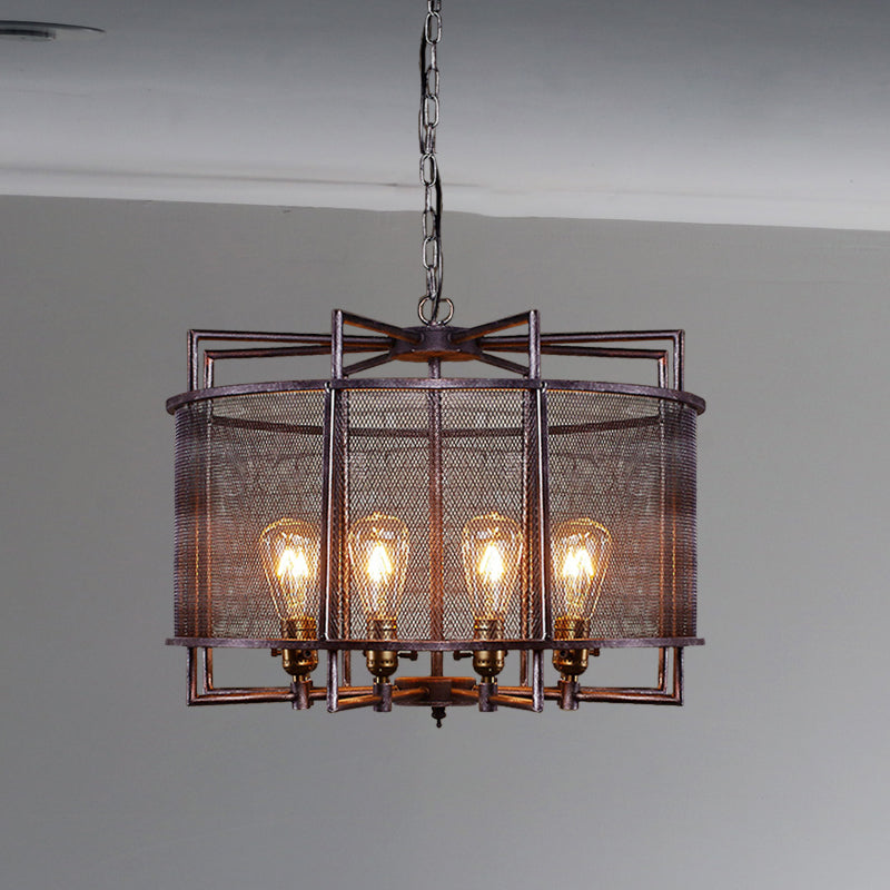 Metal Mesh Drum Chandelier Lighting Rustic Loft Multi Light Farmhouse Hanging Lamp in Rust Clearhalo 'Cast Iron' 'Ceiling Lights' 'Chandeliers' 'Industrial Chandeliers' 'Industrial' 'Metal' 'Middle Century Chandeliers' 'Rustic Chandeliers' 'Tiffany' Lighting' 773323