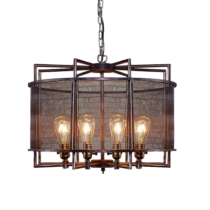 Metal Mesh Drum Chandelier Lighting Rustic Loft Multi Light Farmhouse Hanging Lamp in Rust Clearhalo 'Cast Iron' 'Ceiling Lights' 'Chandeliers' 'Industrial Chandeliers' 'Industrial' 'Metal' 'Middle Century Chandeliers' 'Rustic Chandeliers' 'Tiffany' Lighting' 773324