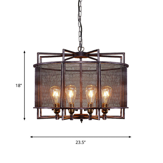 Metal Mesh Drum Chandelier Lighting Rustic Loft Multi Light Farmhouse Hanging Lamp in Rust Clearhalo 'Cast Iron' 'Ceiling Lights' 'Chandeliers' 'Industrial Chandeliers' 'Industrial' 'Metal' 'Middle Century Chandeliers' 'Rustic Chandeliers' 'Tiffany' Lighting' 773325