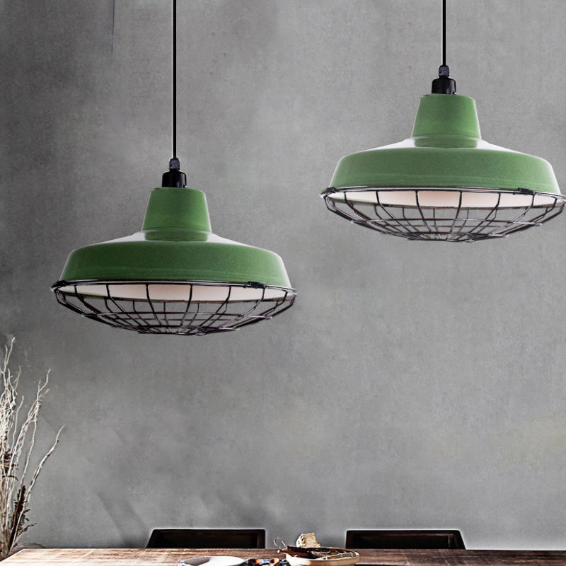 Barn Indoor Hanging Ceiling Light with Wire Guard Farmhouse Metal 1 Light Green/Red Pendant Light Clearhalo 'Art Deco Pendants' 'Cast Iron' 'Ceiling Lights' 'Ceramic' 'Crystal' 'Industrial Pendants' 'Industrial' 'Metal' 'Middle Century Pendants' 'Pendant Lights' 'Pendants' 'Tiffany' Lighting' 773326