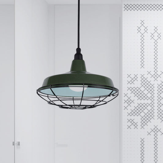 Barn Indoor Hanging Ceiling Light with Wire Guard Farmhouse Metal 1 Light Green/Red Pendant Light Green Clearhalo 'Art Deco Pendants' 'Cast Iron' 'Ceiling Lights' 'Ceramic' 'Crystal' 'Industrial Pendants' 'Industrial' 'Metal' 'Middle Century Pendants' 'Pendant Lights' 'Pendants' 'Tiffany' Lighting' 773327