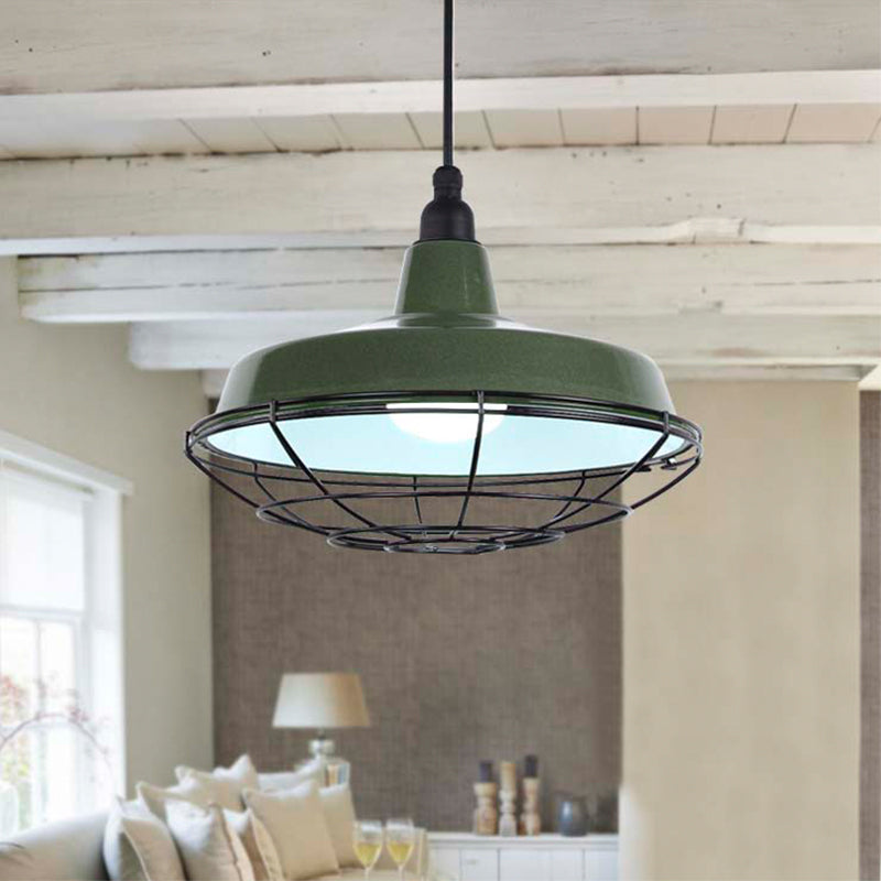 Barn Indoor Hanging Ceiling Light with Wire Guard Farmhouse Metal 1 Light Green/Red Pendant Light Clearhalo 'Art Deco Pendants' 'Cast Iron' 'Ceiling Lights' 'Ceramic' 'Crystal' 'Industrial Pendants' 'Industrial' 'Metal' 'Middle Century Pendants' 'Pendant Lights' 'Pendants' 'Tiffany' Lighting' 773328