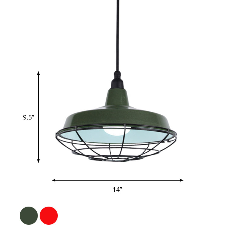 Barn Indoor Hanging Ceiling Light with Wire Guard Farmhouse Metal 1 Light Green/Red Pendant Light Clearhalo 'Art Deco Pendants' 'Cast Iron' 'Ceiling Lights' 'Ceramic' 'Crystal' 'Industrial Pendants' 'Industrial' 'Metal' 'Middle Century Pendants' 'Pendant Lights' 'Pendants' 'Tiffany' Lighting' 773330