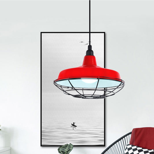 Barn Indoor Hanging Ceiling Light with Wire Guard Farmhouse Metal 1 Light Green/Red Pendant Light Red Clearhalo 'Art Deco Pendants' 'Cast Iron' 'Ceiling Lights' 'Ceramic' 'Crystal' 'Industrial Pendants' 'Industrial' 'Metal' 'Middle Century Pendants' 'Pendant Lights' 'Pendants' 'Tiffany' Lighting' 773333